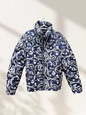 Versace Barocco Print Puffer Jacket - Blue/White - EUC - Authentic